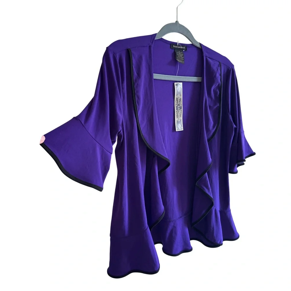 Purple Open Front Ruffle Cardigan Sz S Short Sleeve Black Trim Office Casual